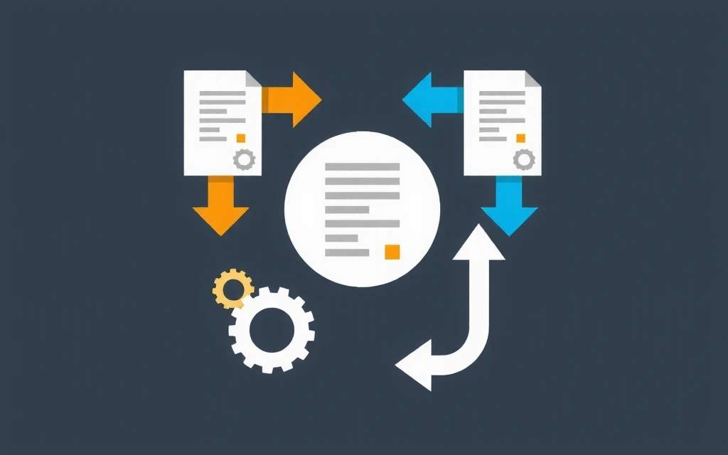 Imagen abstracta que representa cambios y actualizaciones de documentos legales con engranajes y flechas.