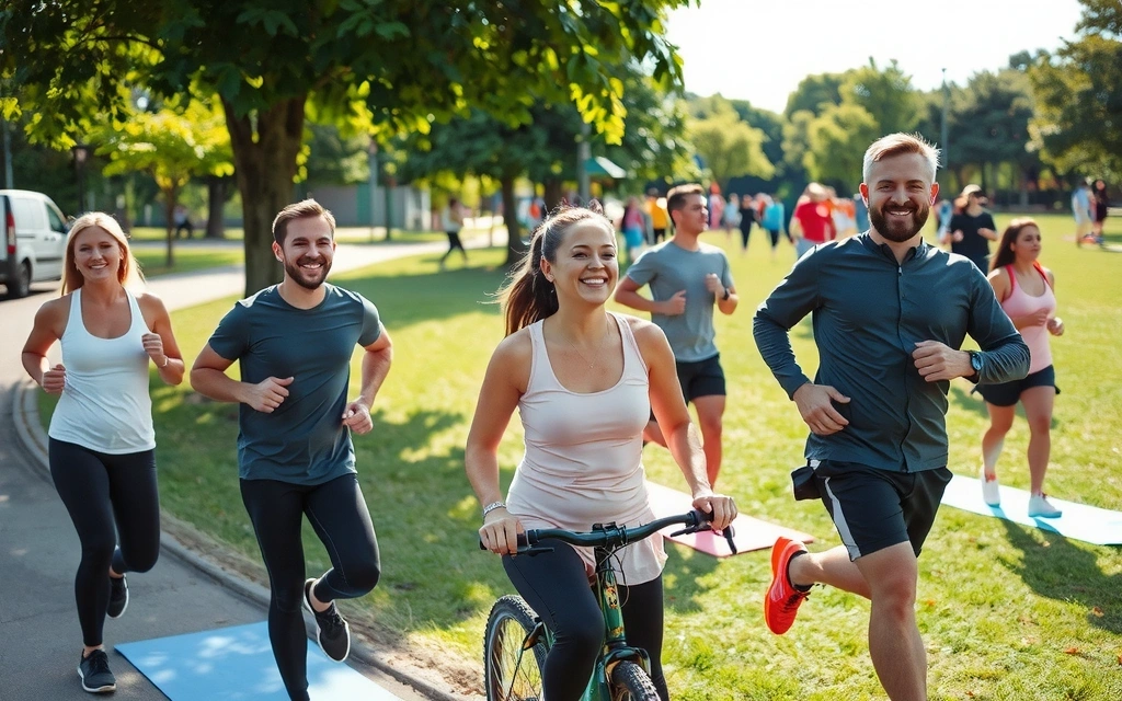 Grupo diverso de personas sonriendo y realizando actividades físicas al aire libre, como correr y hacer yoga, bajo un sol brillante.