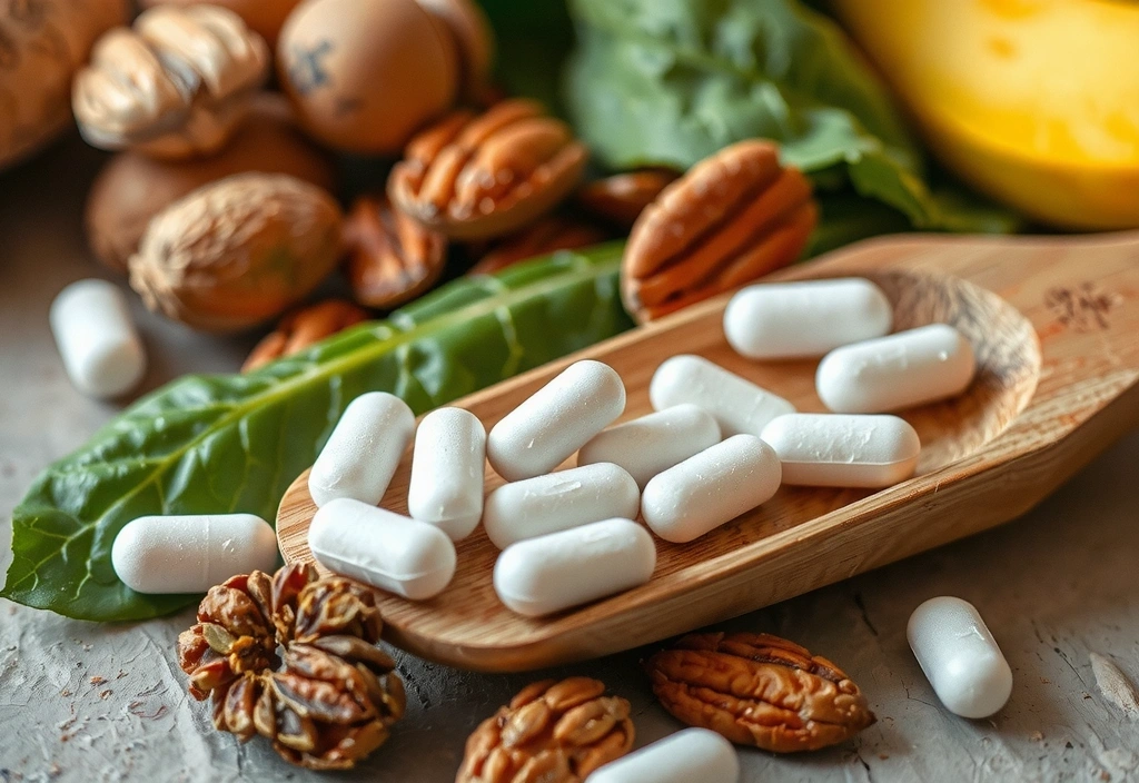Primer plano de cápsulas de magnesio en una cuchara de madera sobre un fondo borroso de alimentos saludables
