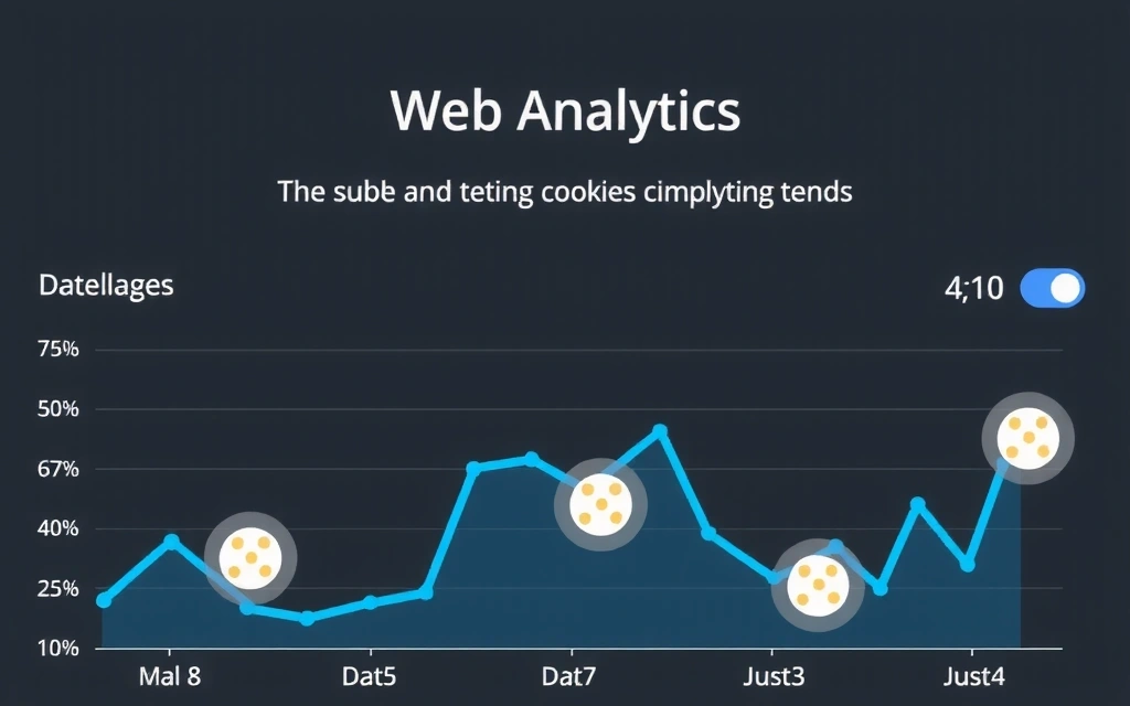 Gráfico de análisis web mostrando datos y tendencias, con iconos de cookies y una interfaz de usuario limpia.