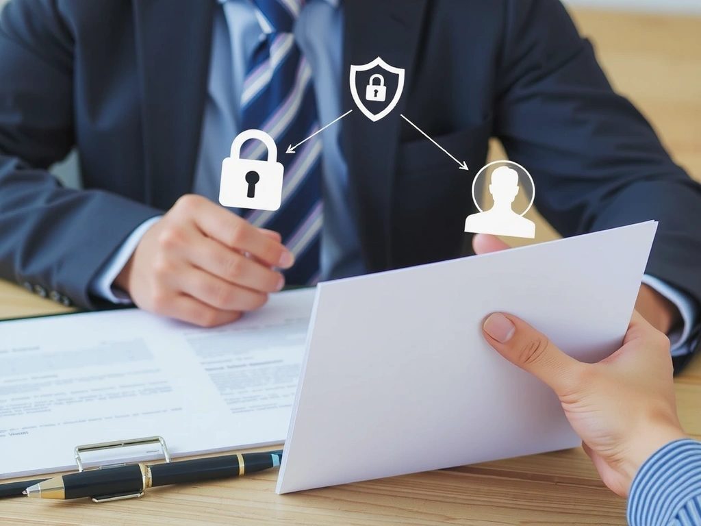 Persona revisando documentos legales con iconos de privacidad.